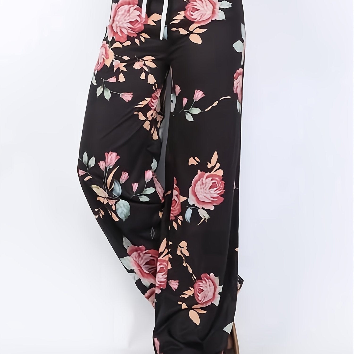 Women's Plus Size Floral Print Wide Leg Lounge Pants with Drawstring