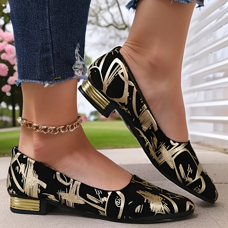 Ayollar uchun past bo'yinli flat poyabzal, oltin bezaklar va frantsuz retro dizayni bilan