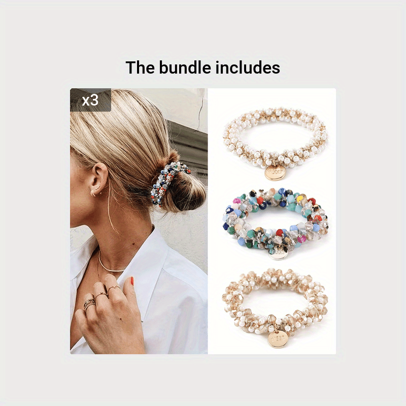 Women’s Elastic Hair Ties Set with Crystal Pearl Beaded Embellishments for Chic Ponytails and Bracelets