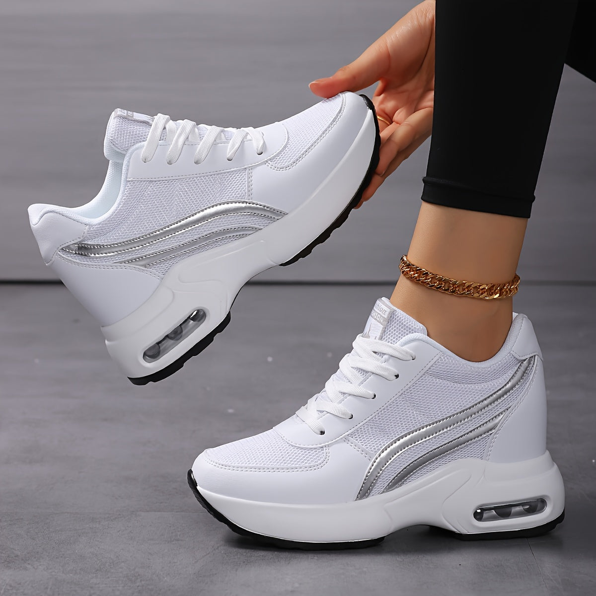 Women's Mesh Wedge Sneakers Casual Lace-Up White Air Cushion Shoes