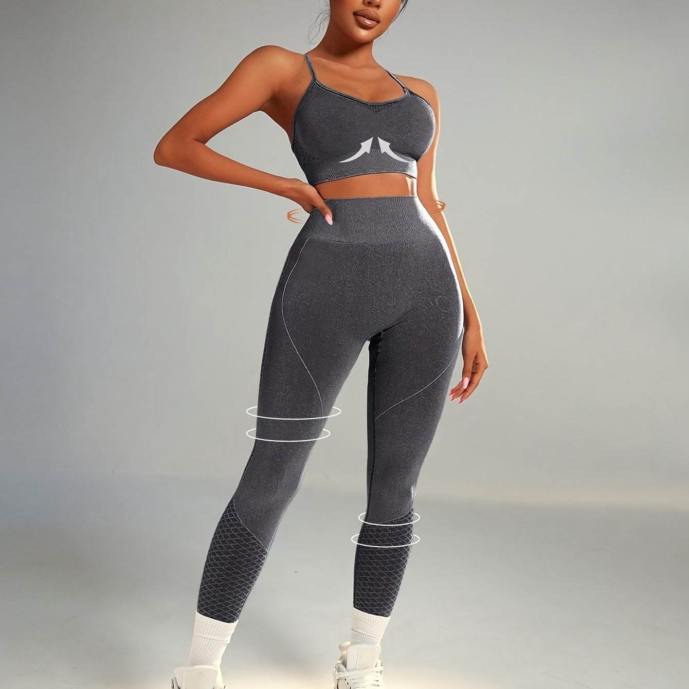 Ayollar uchun bir rangli yoga sport to'plami, yuqori bel bilan qorin nazorati va siqish moslamasi, fitness va mashg'ulotlar uchun to'qilgan nafas oladigan matodan tayyorlangan.