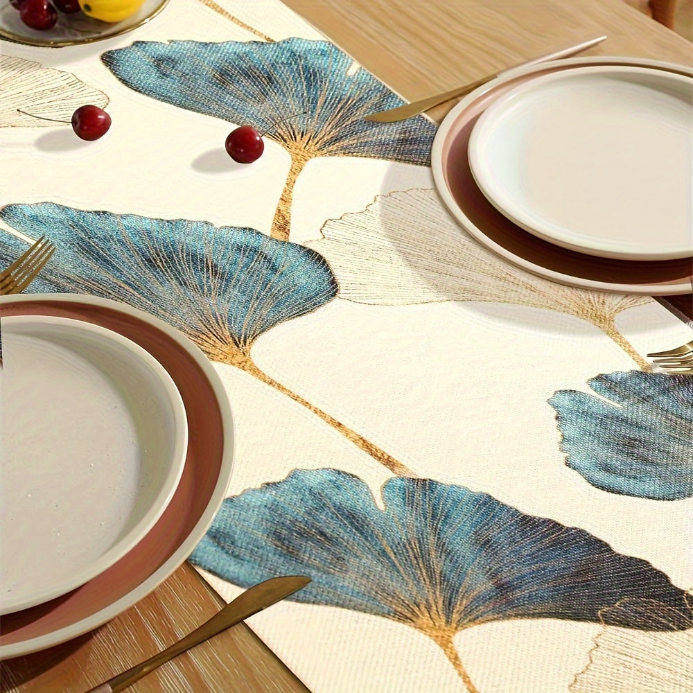 Blue Green Golden Ginkgo Leaf Pattern Table Runner for Rustic Farmhouse Decor