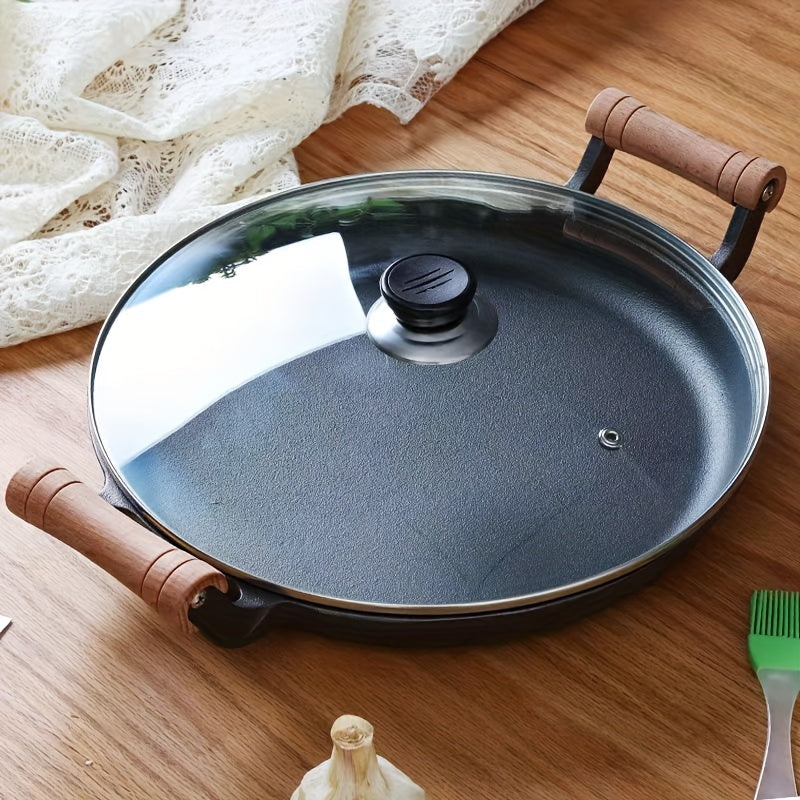 Cast Iron Skillet with Lid Non-Stick Flat Pan for Pancakes Frying Kitchen Cookware