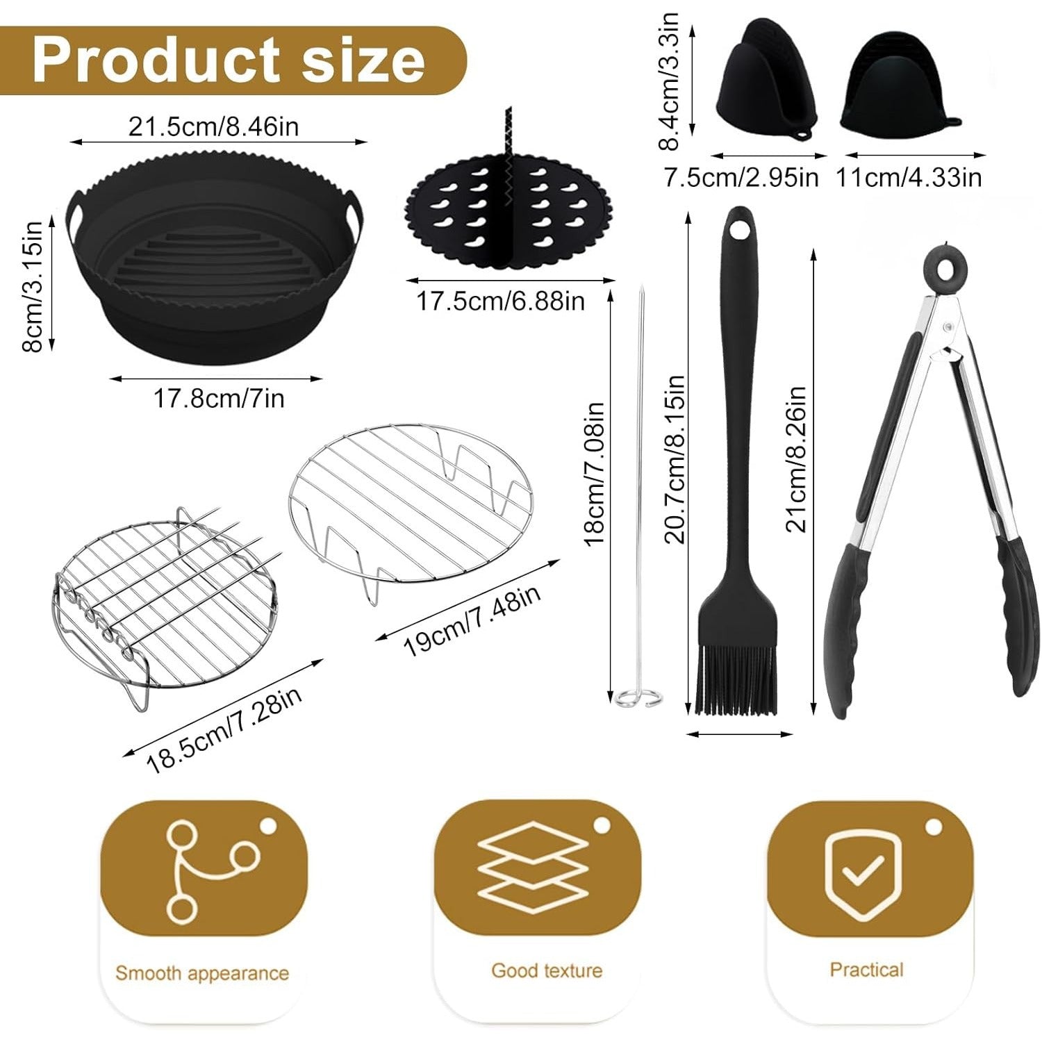 8-chiqishli Havo Fritöz uchun aksessuarlar to'plami, Silikon savat va po'lat rack bilan