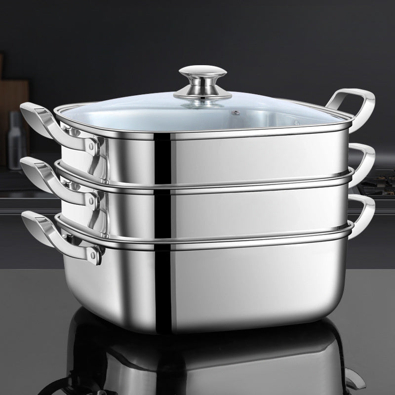 12-Inch Stainless Steel 3-Tier Steamer with Glass Lid, High Capacity, Durable