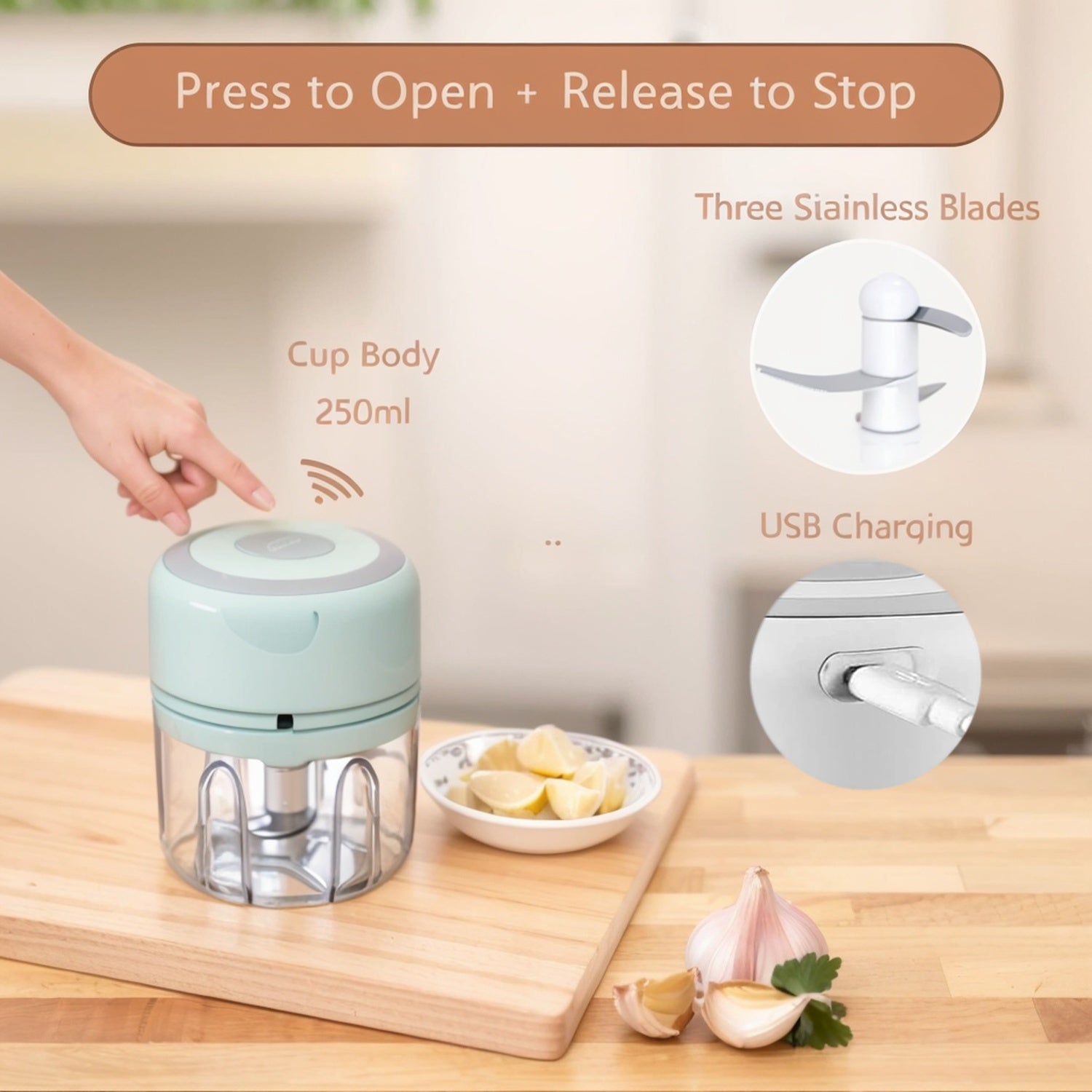 Amasadora eléctrica de ajo, mini picadora con capacidad de 3.38 oz, USB, picador de carne, triturado de alimentos, jengibre, verduras