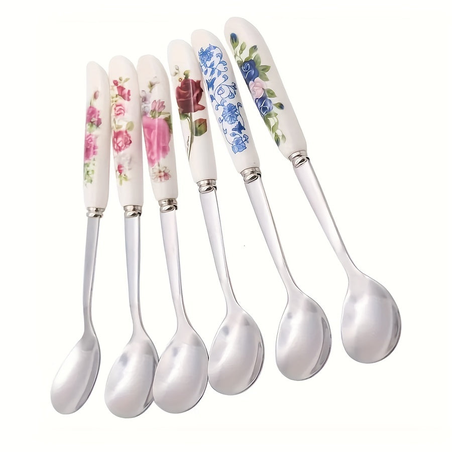 Set of 6 Floral Ceramic Handle Coffee Spoons with Stainless Steel, Stirring and Scooping