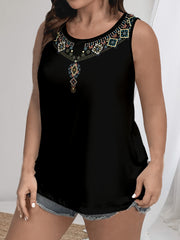 Plus Size Black Women Tank Top Sleeveless Bohemian Ethnic Print Casual Summer
