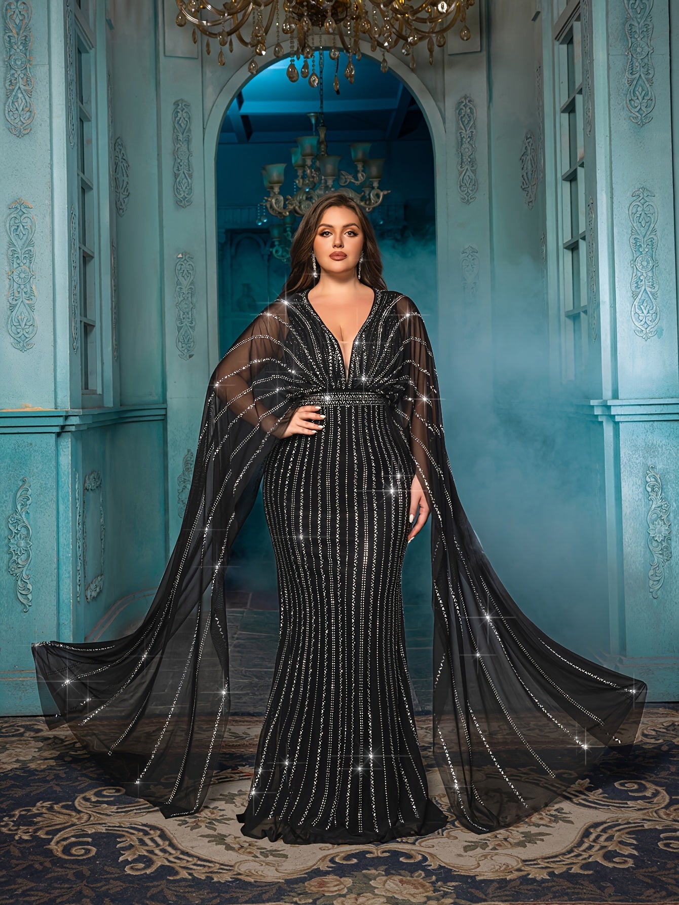 Plus Size Black Evening Dress Rhinestones Puff Sleeves Bow Neckline