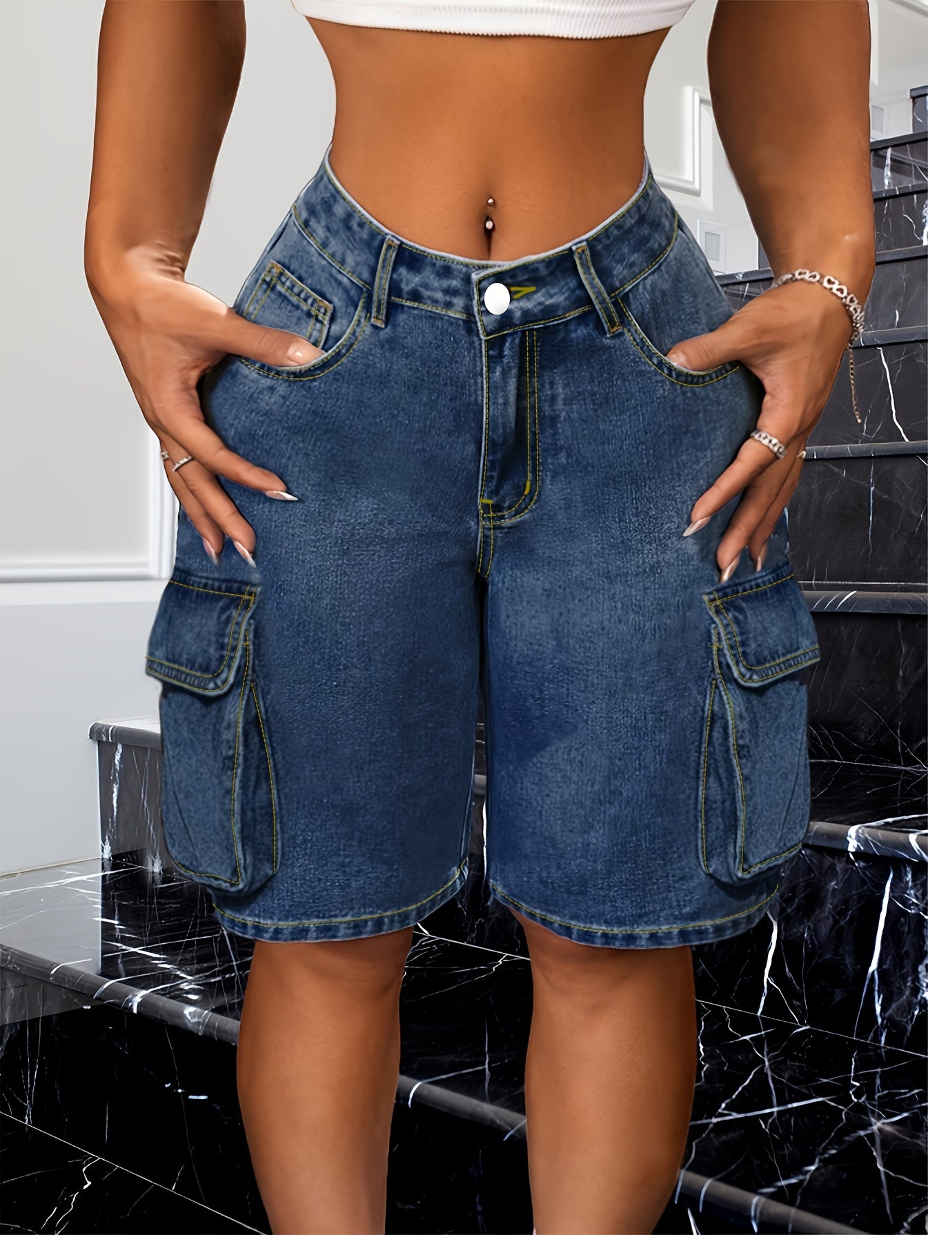 Shorts de mezclilla para mujer casuales hasta la rodilla estilo retro Bermuda