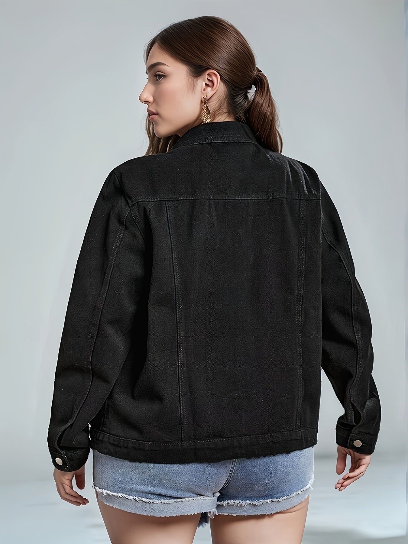 Women's Plus Size Denim Jacket Long Sleeve Black Casual Spring Outerwear