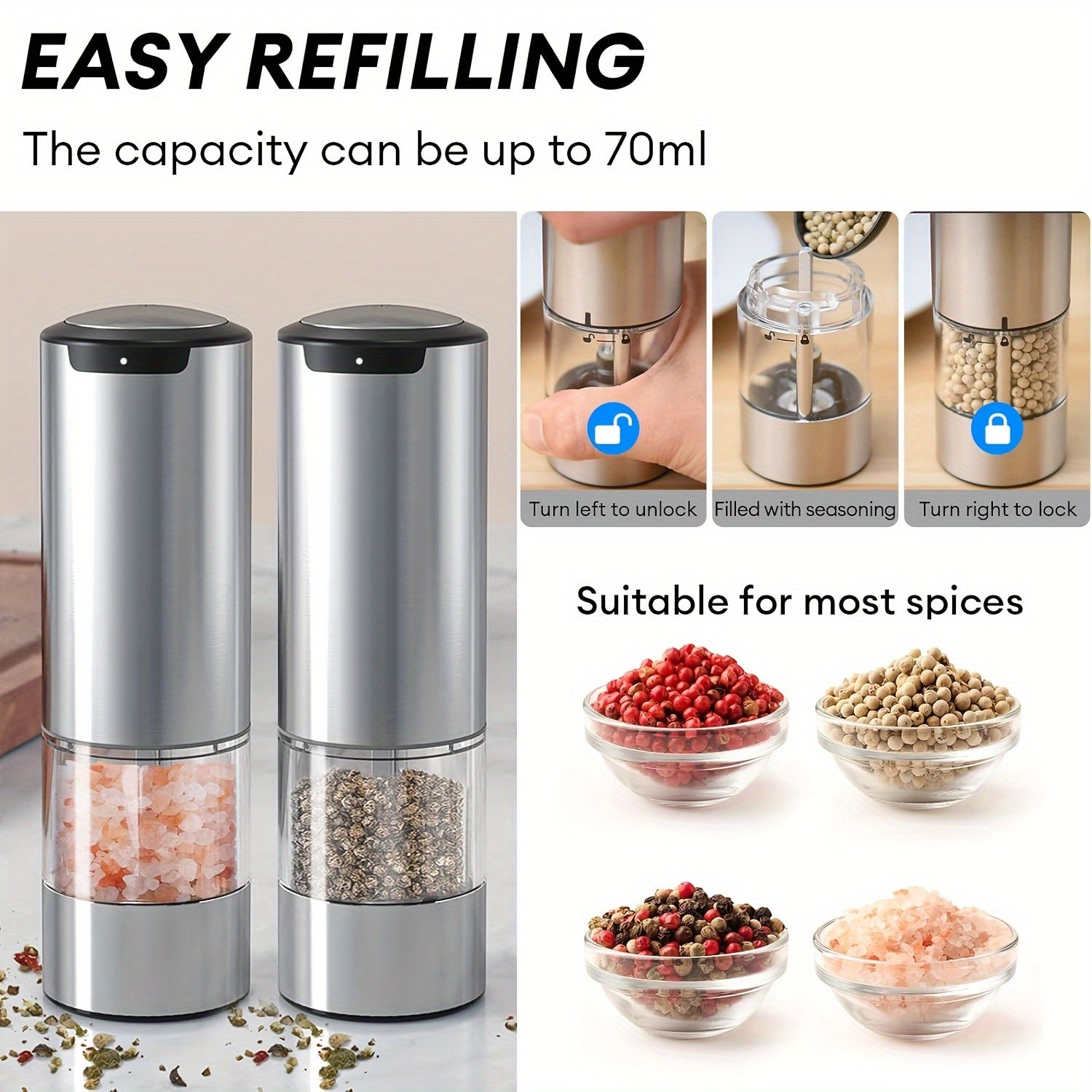 Stainless steeldan tayyorlangan elektr salt va murch maydalash to'plami