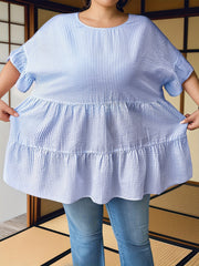 Women Plus Size Striped Ruffle Collar Short Sleeve Casual Shirt for Summer