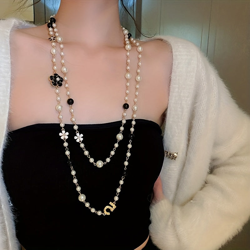 Vintage-Inspired Long Chain Necklace with Faux Pearls and Multilayered Design