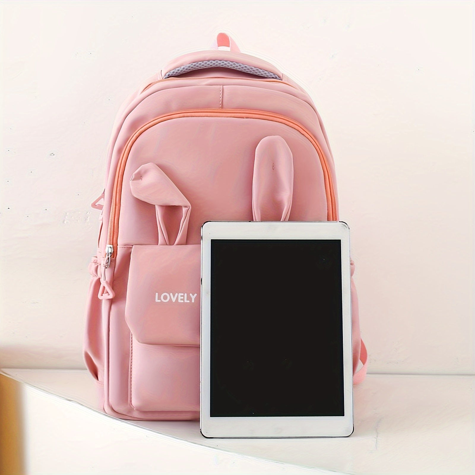 Women's Nylon Backpack Set with Cartoon Ears, Large Capacity, Zipper Closure