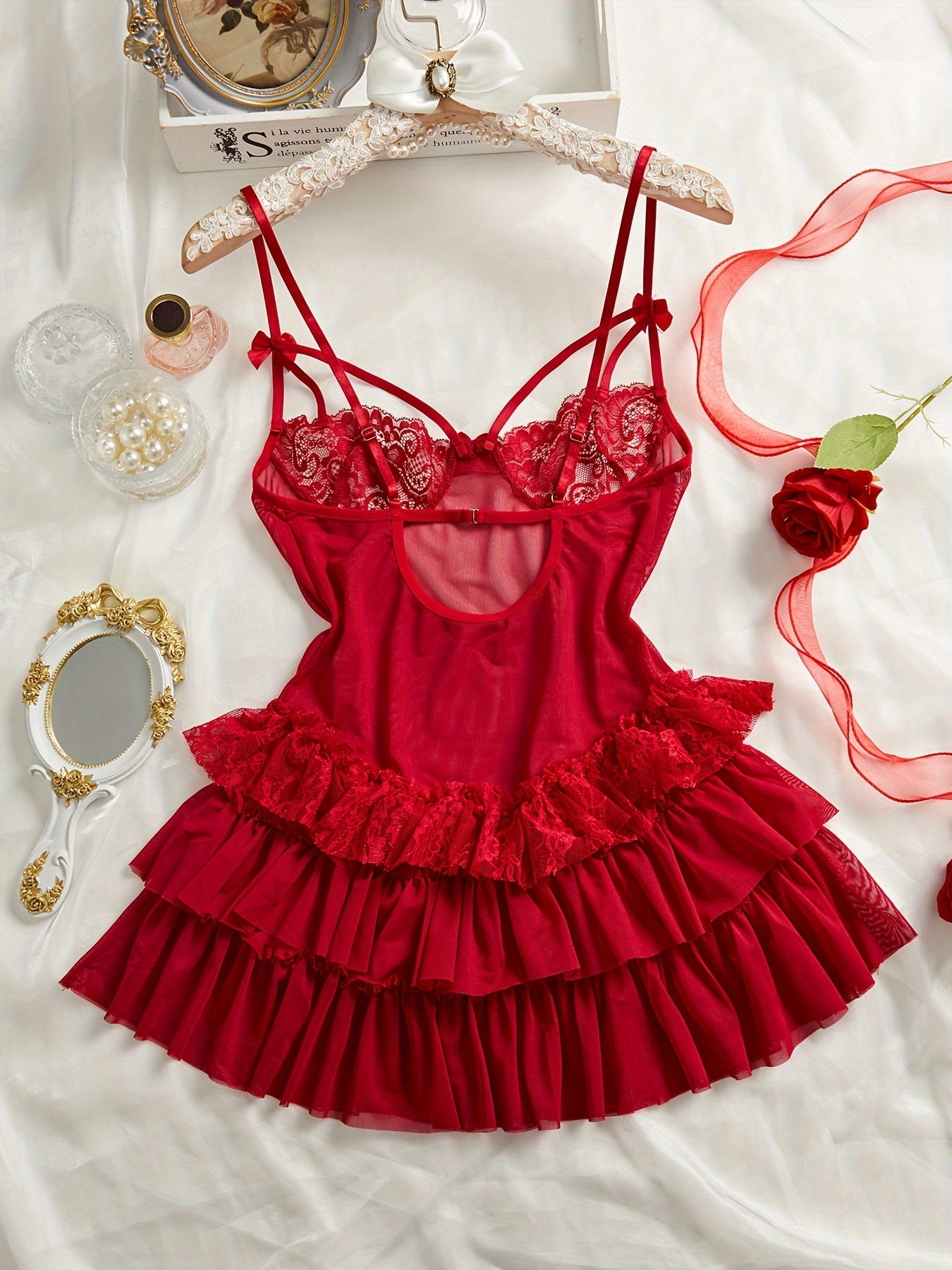 Red Velvet Mesh Suspender Dress for Women in Red