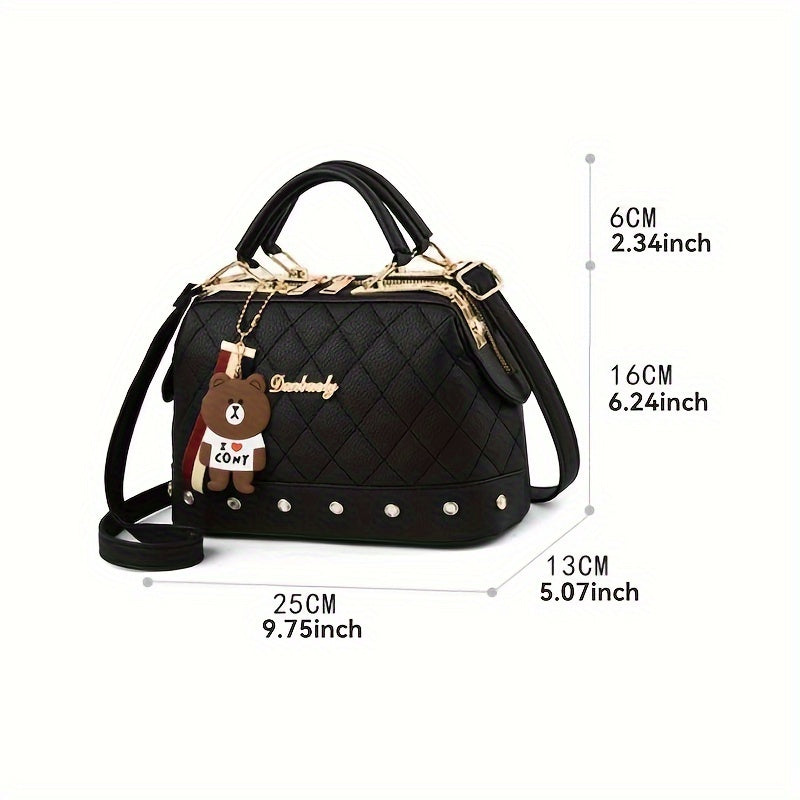 Women's Black Quilted Shoulder Bag with Bear Charm and Detachable Strap