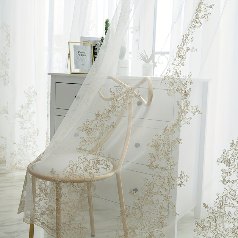 Golden Thread Embroidery Sheer Curtain for Living Room and Bedroom European Style Voile Window Treatment