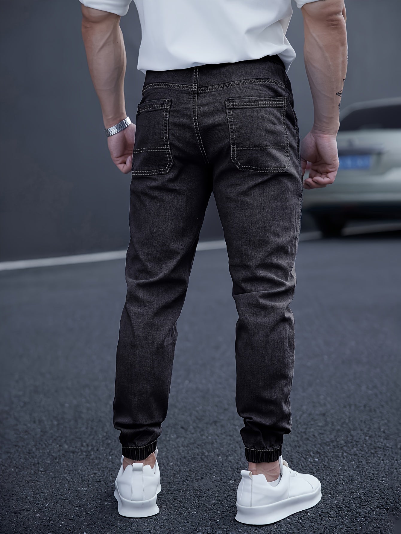 Men's Cropped Jogger Jeans with Elastic Waist Drawstring Utility Pockets Medium Stretch Denim