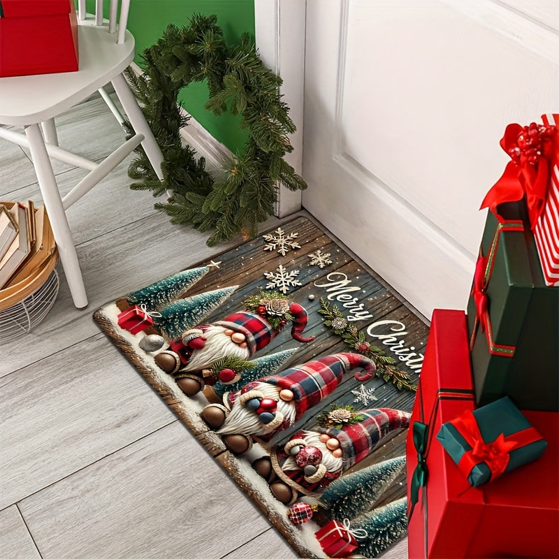 Cozy Christmas Gnome Flannel Door Mat Non-Slip Absorbent Rug for Entryway