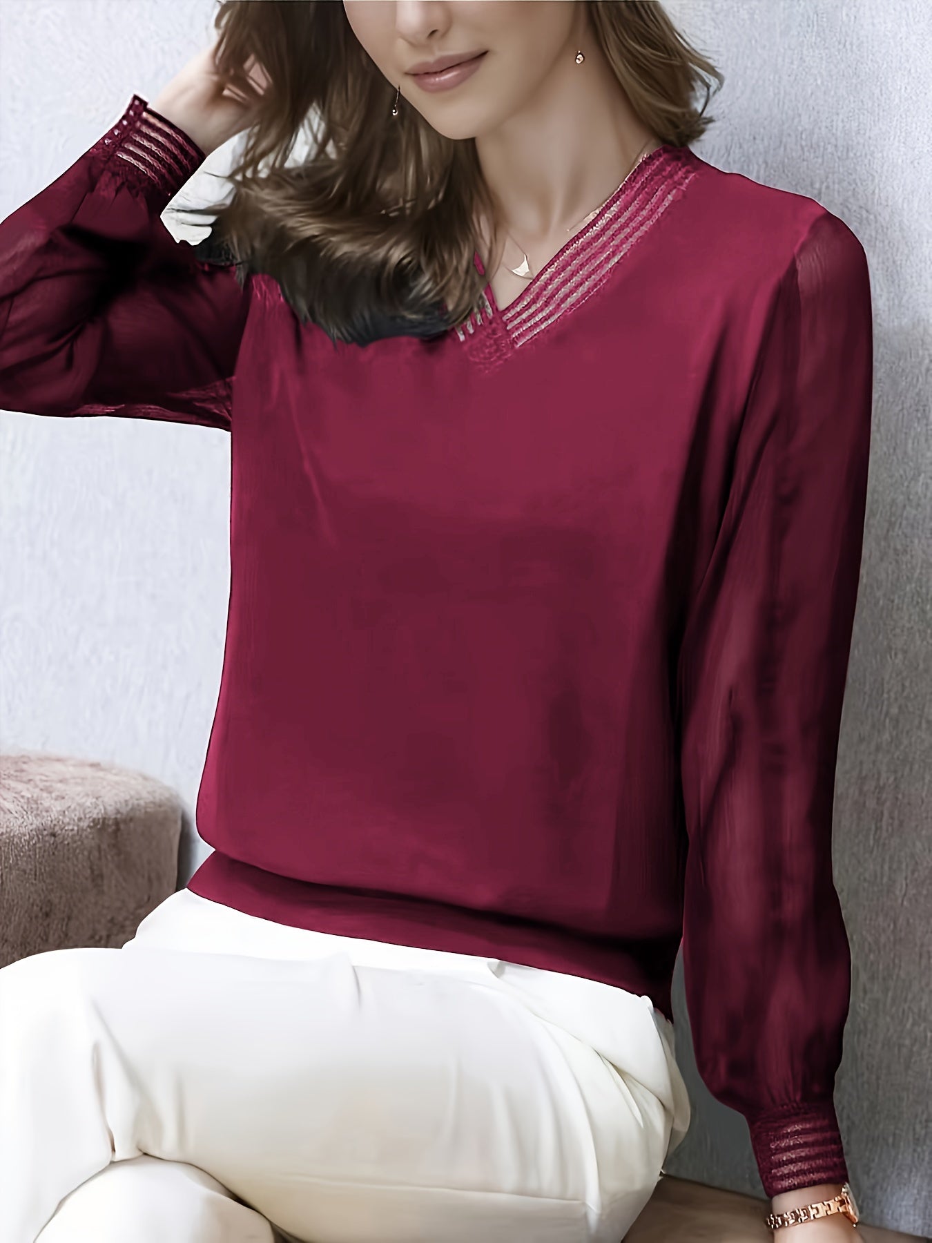 Women's Black Lace Chiffon V-Neck Blouse Spring Fall Layering