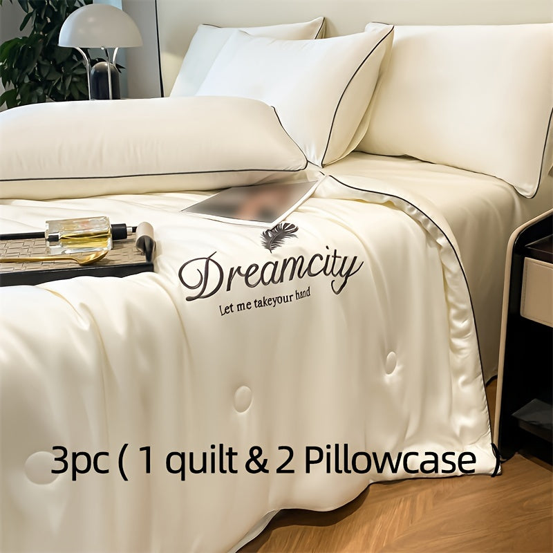 Summer Cooling Quilt Set with Embroidered Microfiber Pillowcases and Quilt