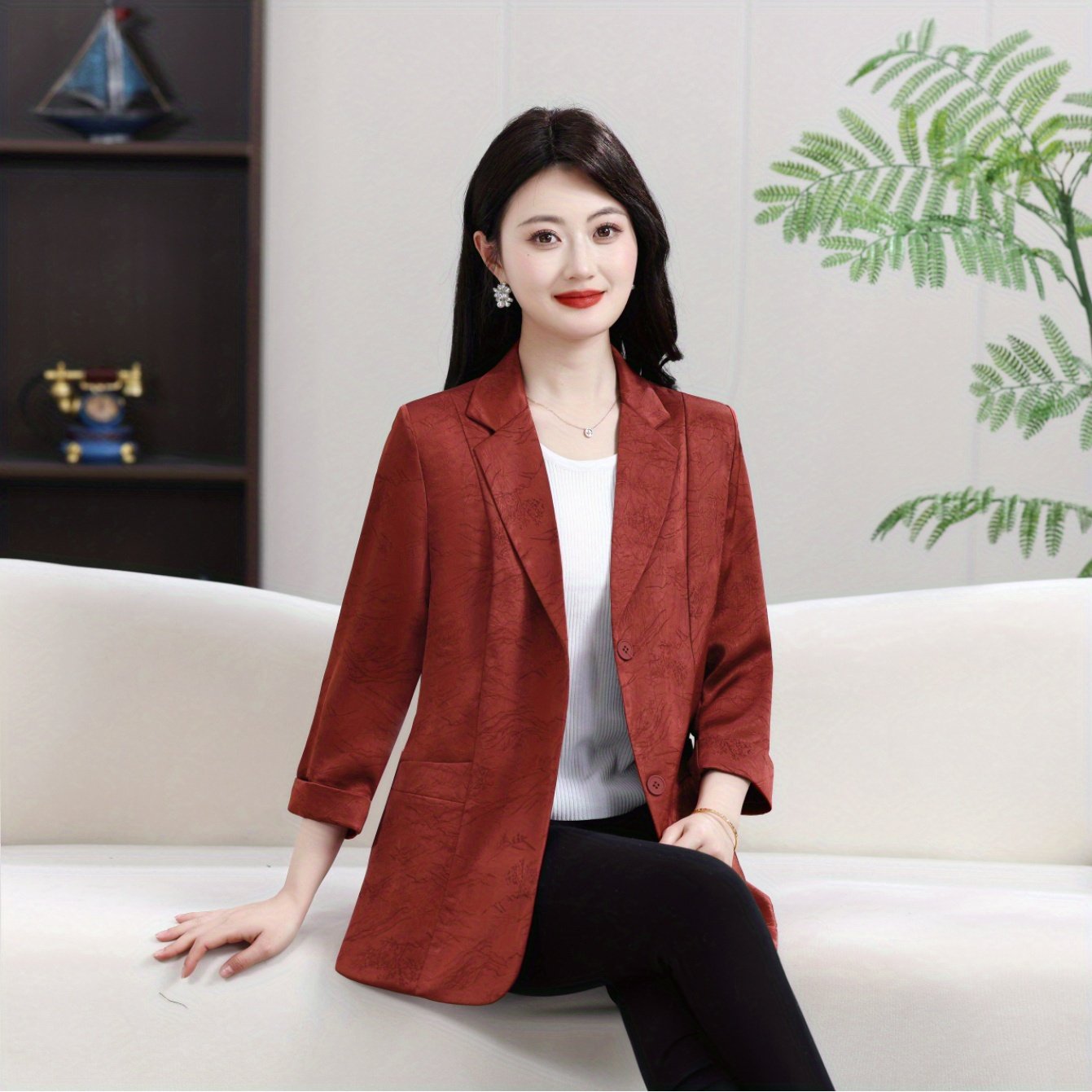 Plus Size Women's Blazer Three-Quarter Sleeve Elegant Slim Fit Caramel Khaki Coffee