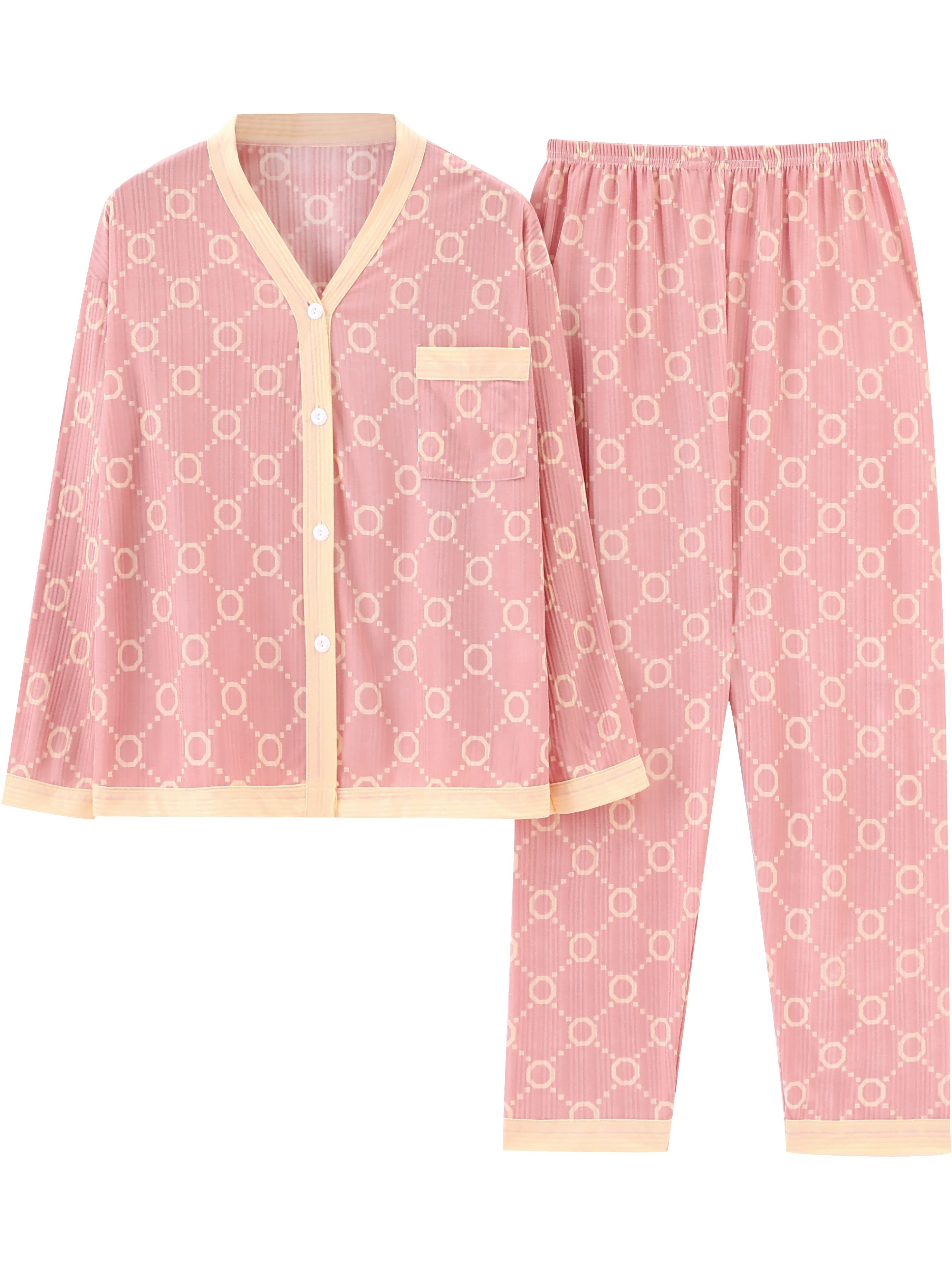 Pink Spring and Autumn Pajama Set for Adults with Open Front and Long Sleeves