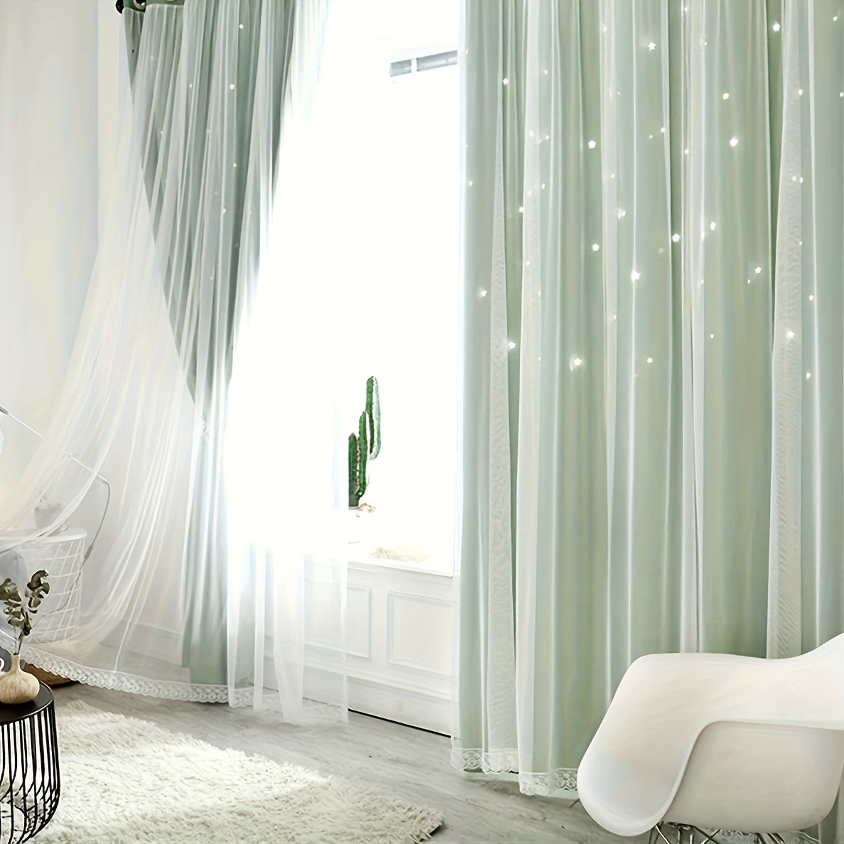 Hollow Star Curtains Two Layers Soft Breathable Fabric for Living Room Bedroom