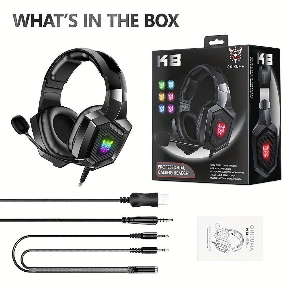 Wired Gaming Headphones with Noise-Canceling Microphone LED Lights 360° Rotating Ear Cups