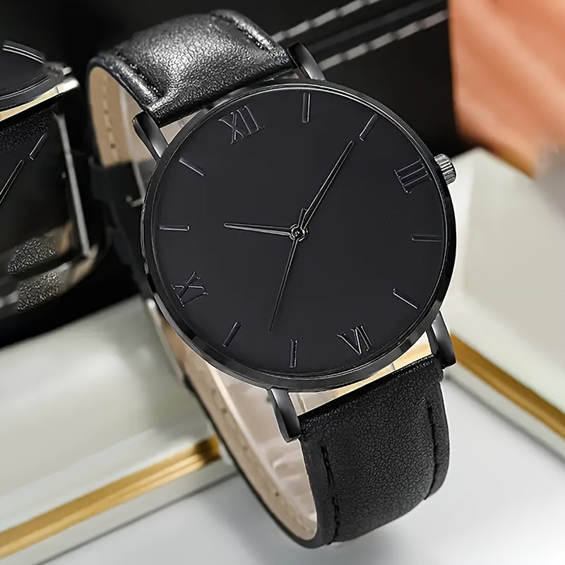Black Round Quartz Watch with PU Leather Strap Alloy Dial and Pointer for Women and Men
