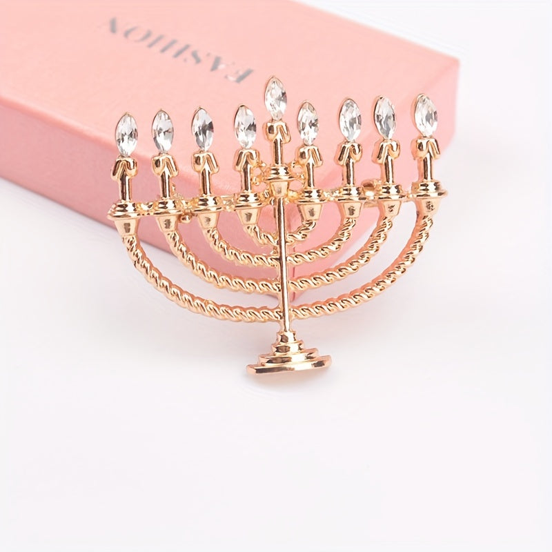 Gold-Tone Hanukkah Menorah Brooch with Rhinestones Alloy Jewelry