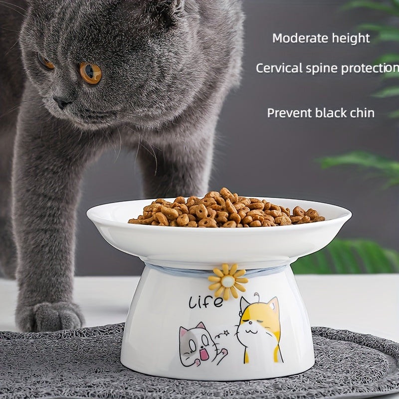 Ceramic Cat Food and Water Bowl with Anti-Tip Design and Cute Face Decor