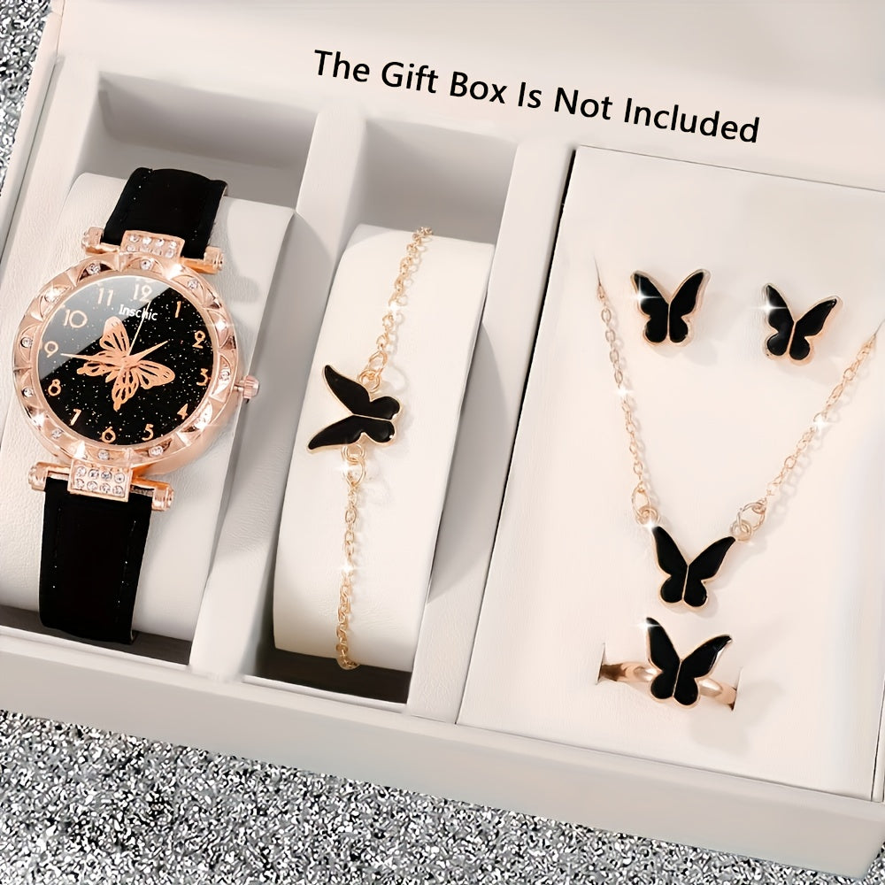 Set of 6 Women's Butterfly Quartz Watches and Jewelry with Rhinestones and Faux Leather Straps