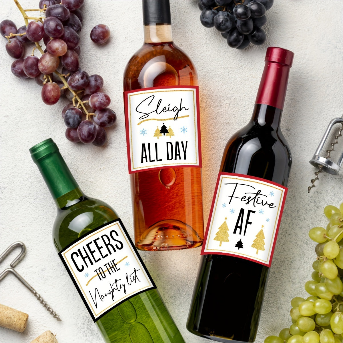 Black and Gold Christmas Wine Labels for Holiday Party Decorations Set of 4