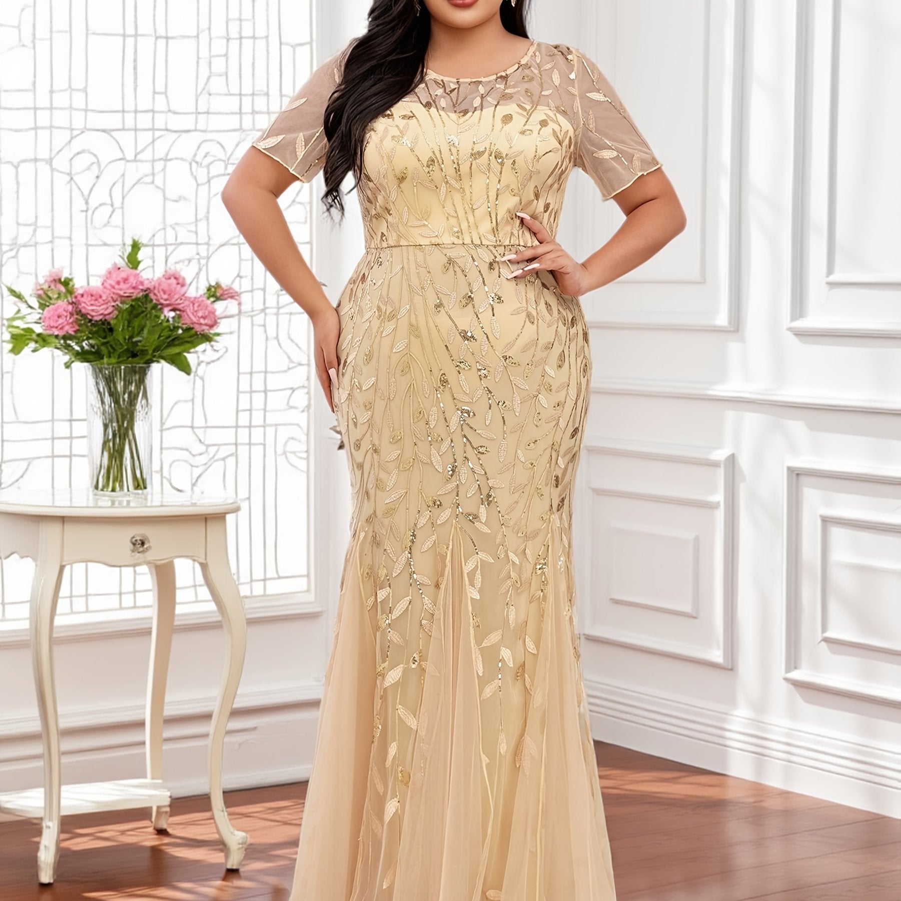Plus Size Women’s Mermaid Evening Gown Sparkling Sequin Short Sleeves