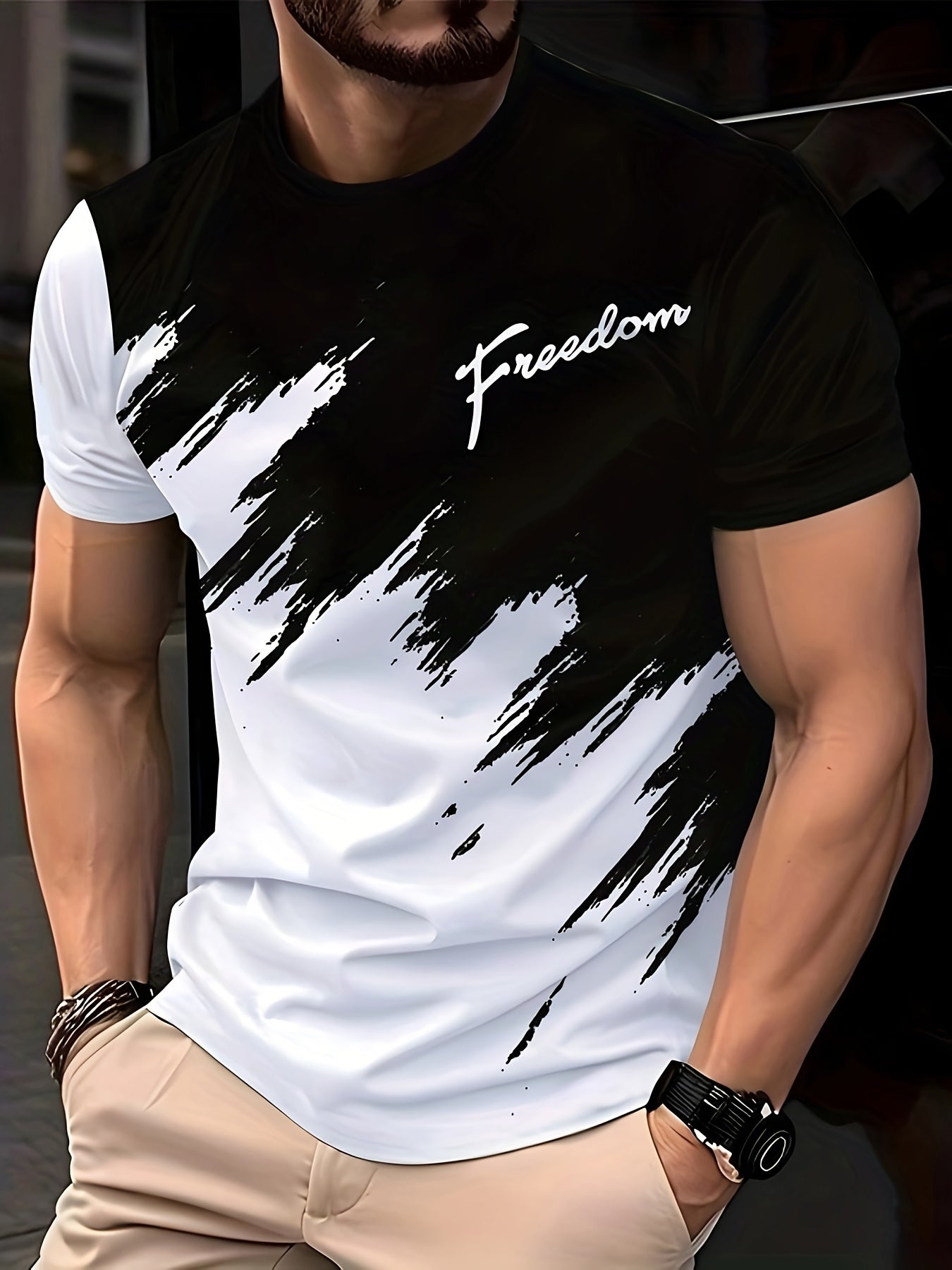 Мужская повседневная футболка с круглым вырезом и геометрическим принтом из мягкой полиэстеровой ткани