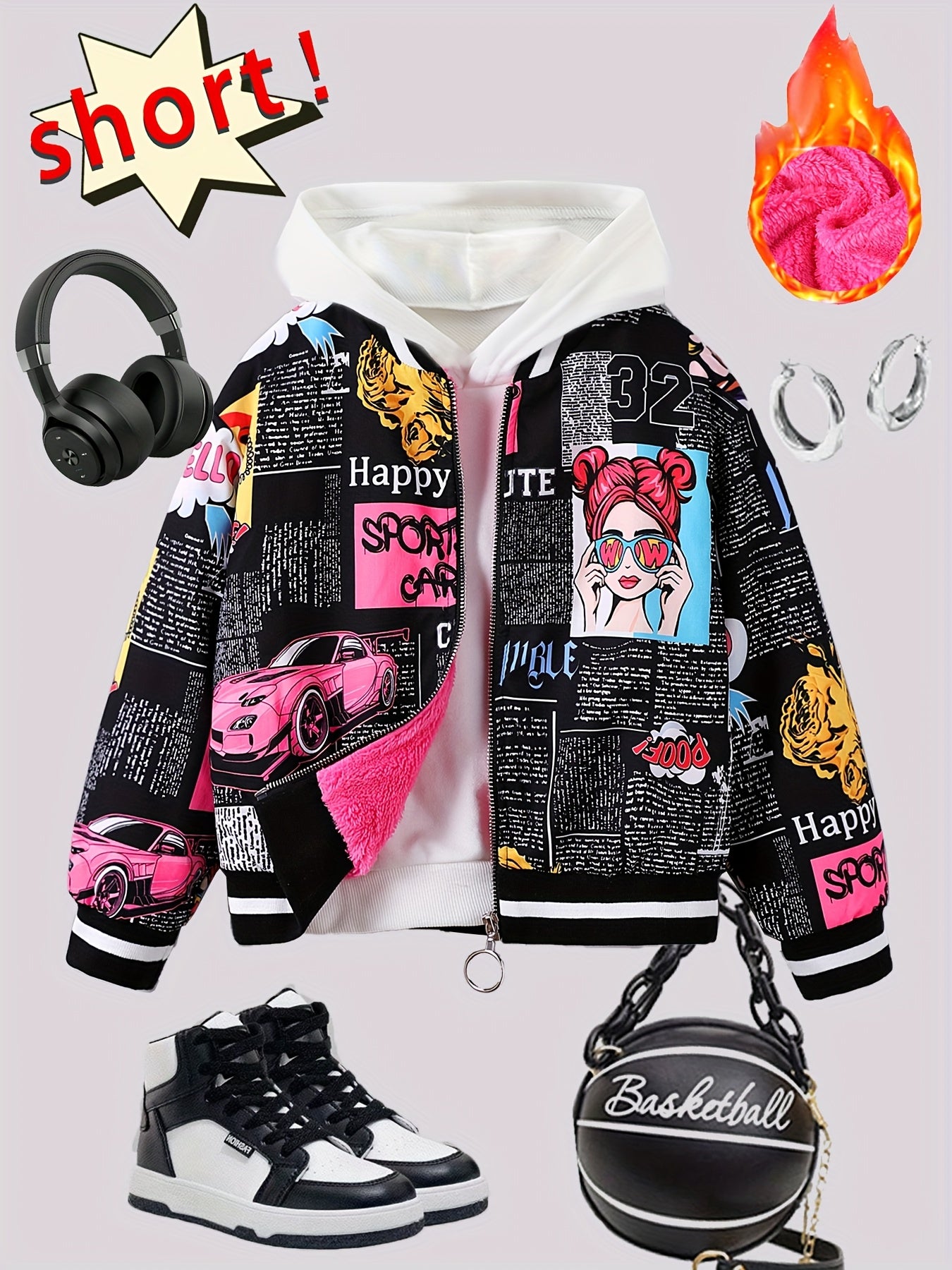 Girls Fleece-Lined Pop Art Bomber Jacket for Fall Winter Sizes 130-170
