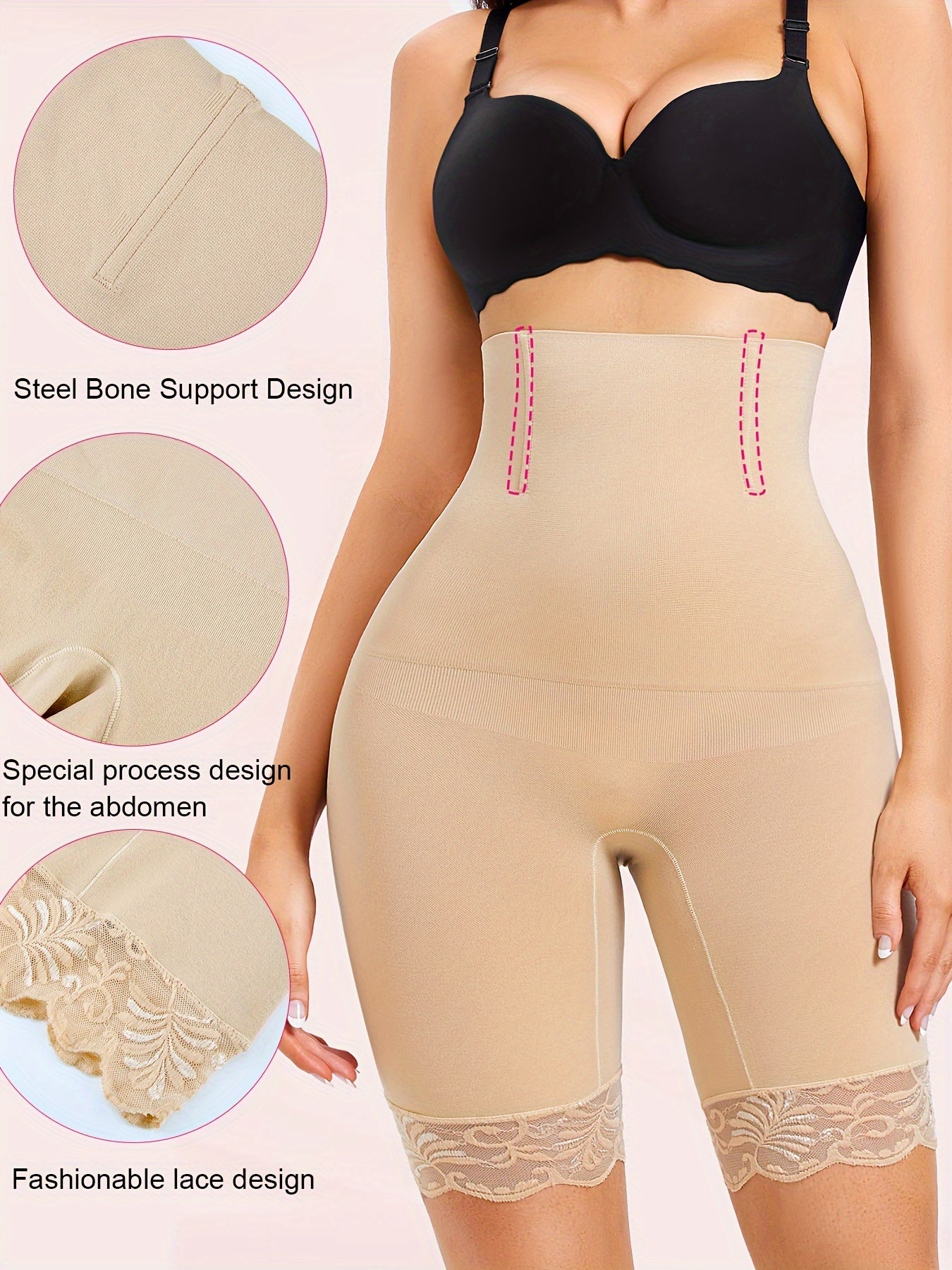 Women's High-Waist Shaping Shorts with Lace Trim Tummy Control Slimming Steel Bone