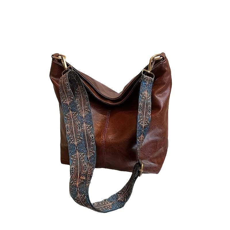 Bohemian Style Geometric PU Leather Hobo Bag for Going Out Light Brown