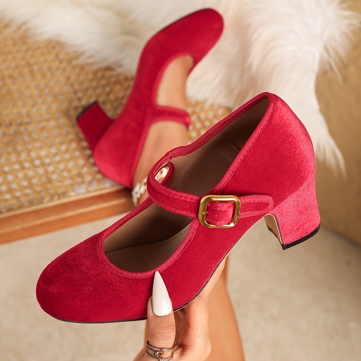 Women Velvet Mary Jane Pumps Adjustable Strap Chunky Heel Brown
