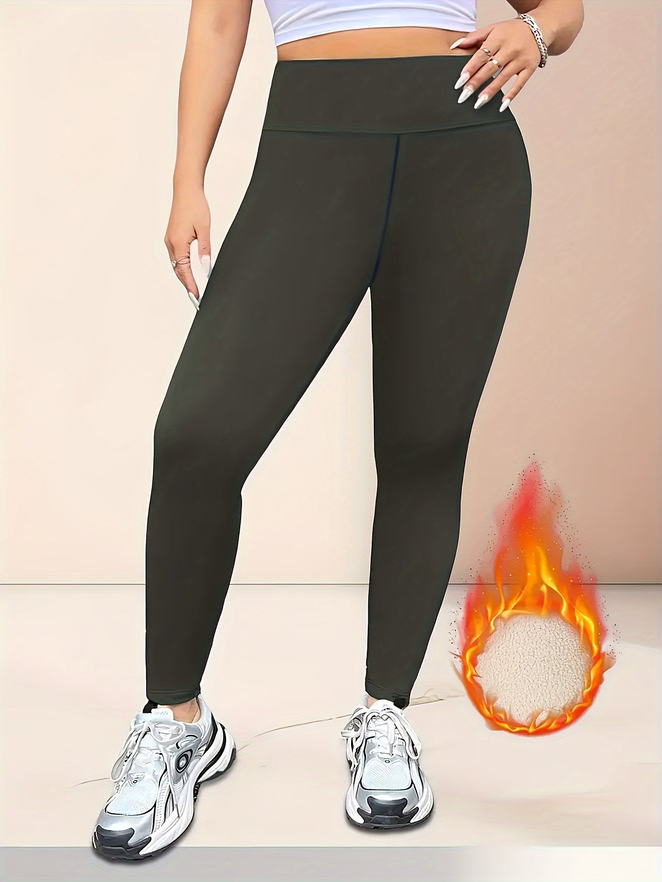 Women's Plus Size Fleece-Lined Skinny Pants Cropped Polyester Knit Winter Black