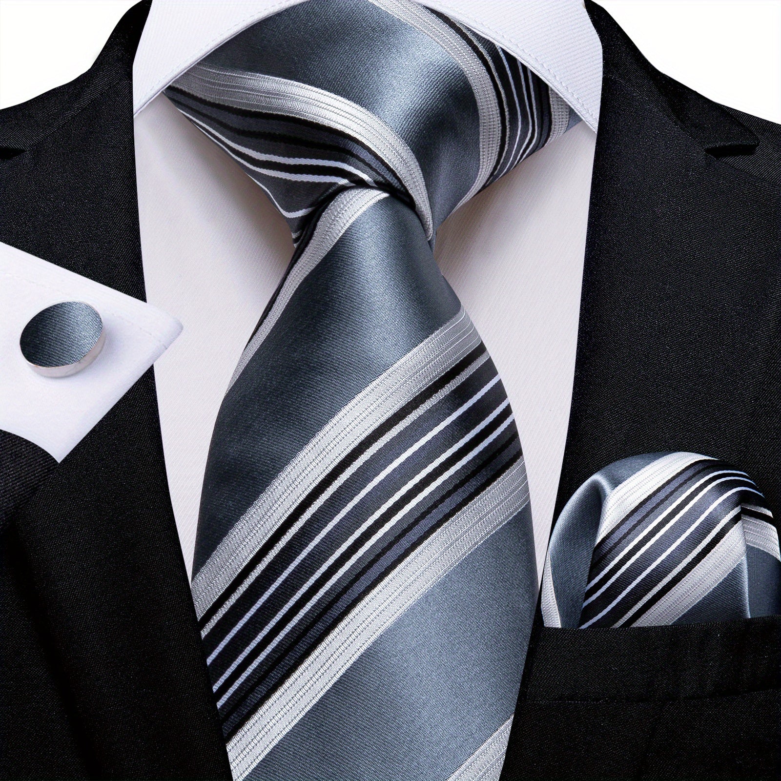 Men's Striped Necktie Set with Handkerchief and Cufflinks for Weddings and Business