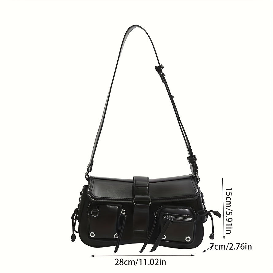 Women's Black Punk Style Shoulder Bag with Multi Pockets and Adjustable Strap