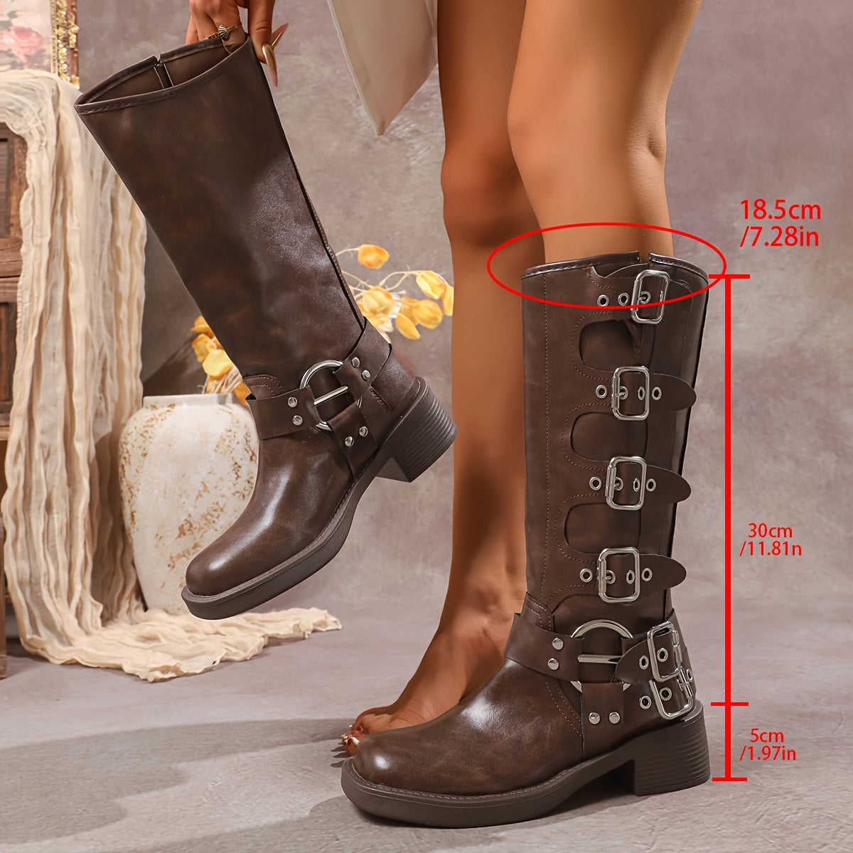 Women's Mid-Calf Faux Leather Boots Brown Buckle Stylish French Heel