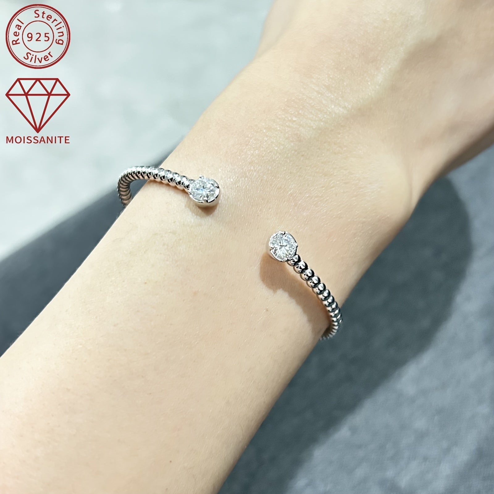 Women's Silver Bangle with Mozambique Stones 925 Solid Silver 10.19g 1.0ct