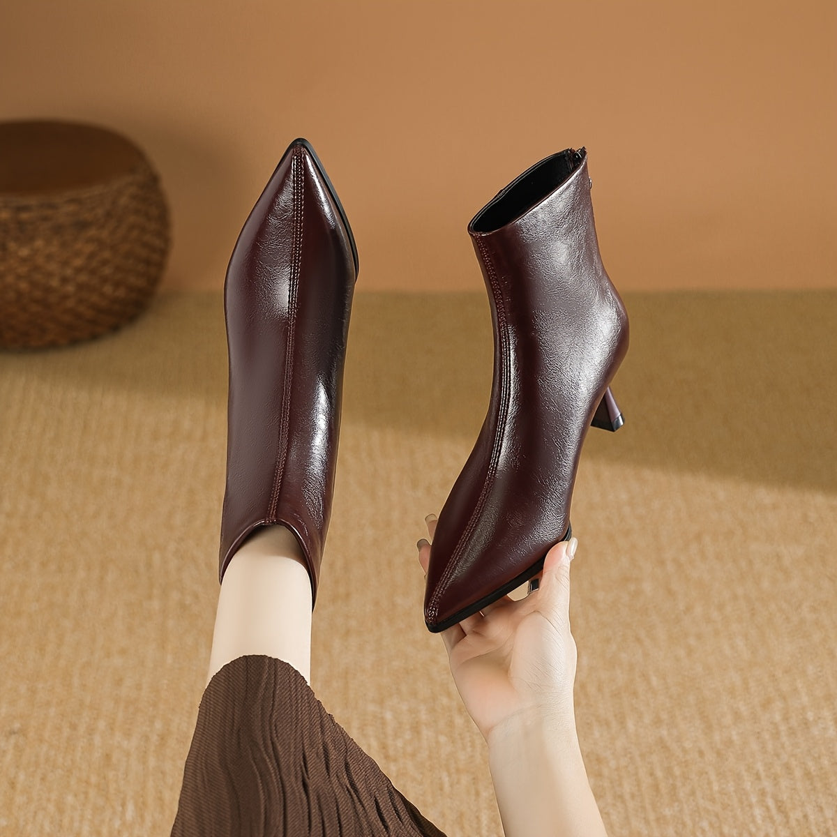 Women's Faux Leather Ankle Boots with Pointed Toe and Back Zipper