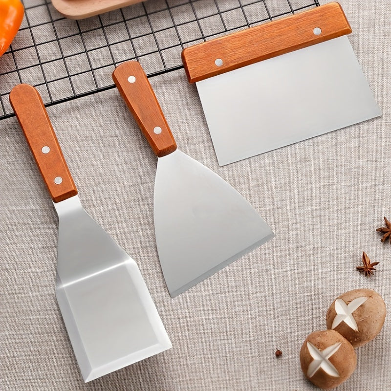 Naychali po'lat spatulalar to'plami - Yog'och tutqichi bilan kuchli metall oshxona asboblari, porloq qoplama, zamonaviy dizayn, yuvish oson - Gril qilish, aylantirish va aralashtirish uchun zarur oshxona asboblari