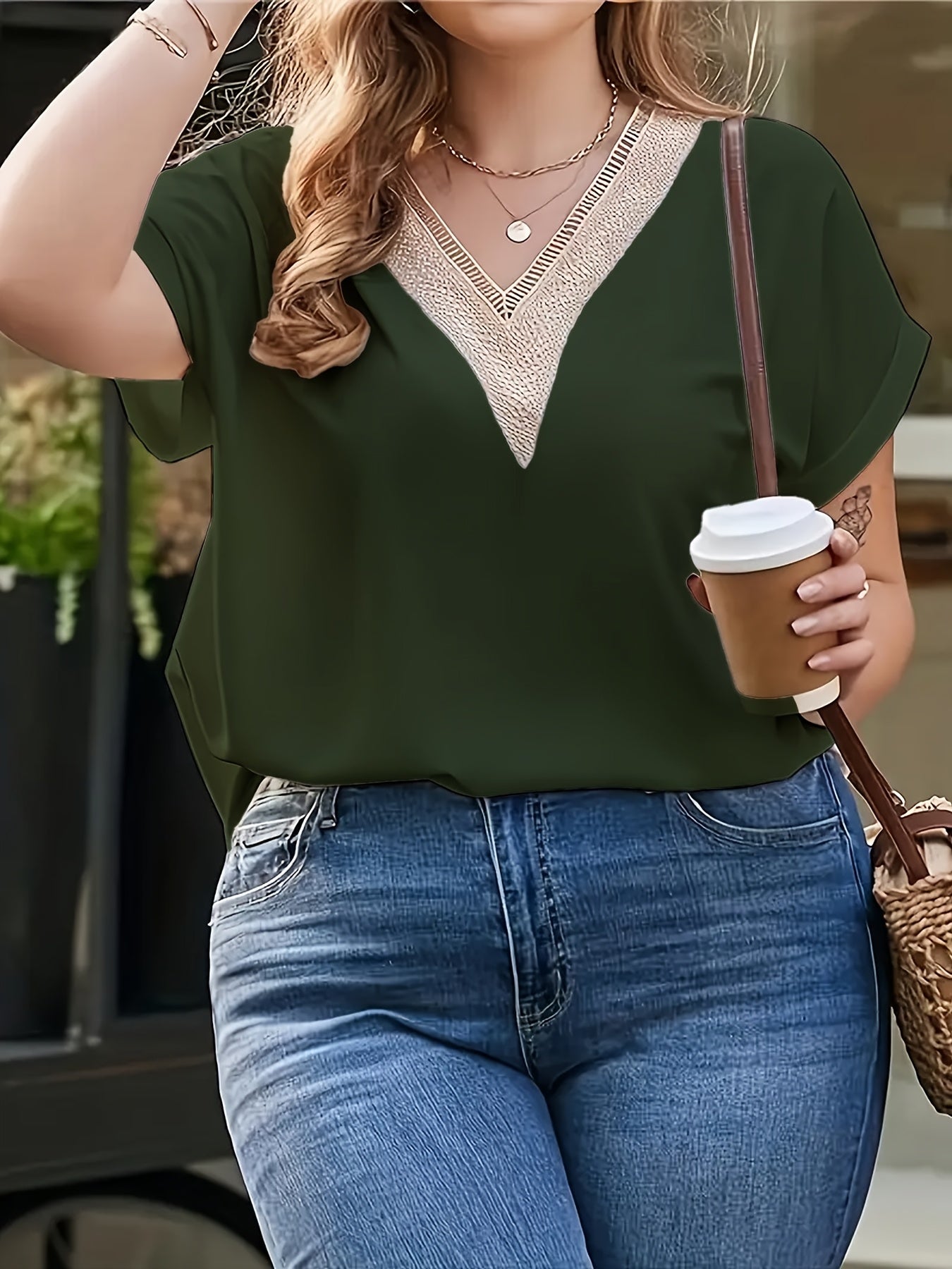 Plus Size Women's V-Neck Short Sleeve T-Shirt Solid Color Casual Top