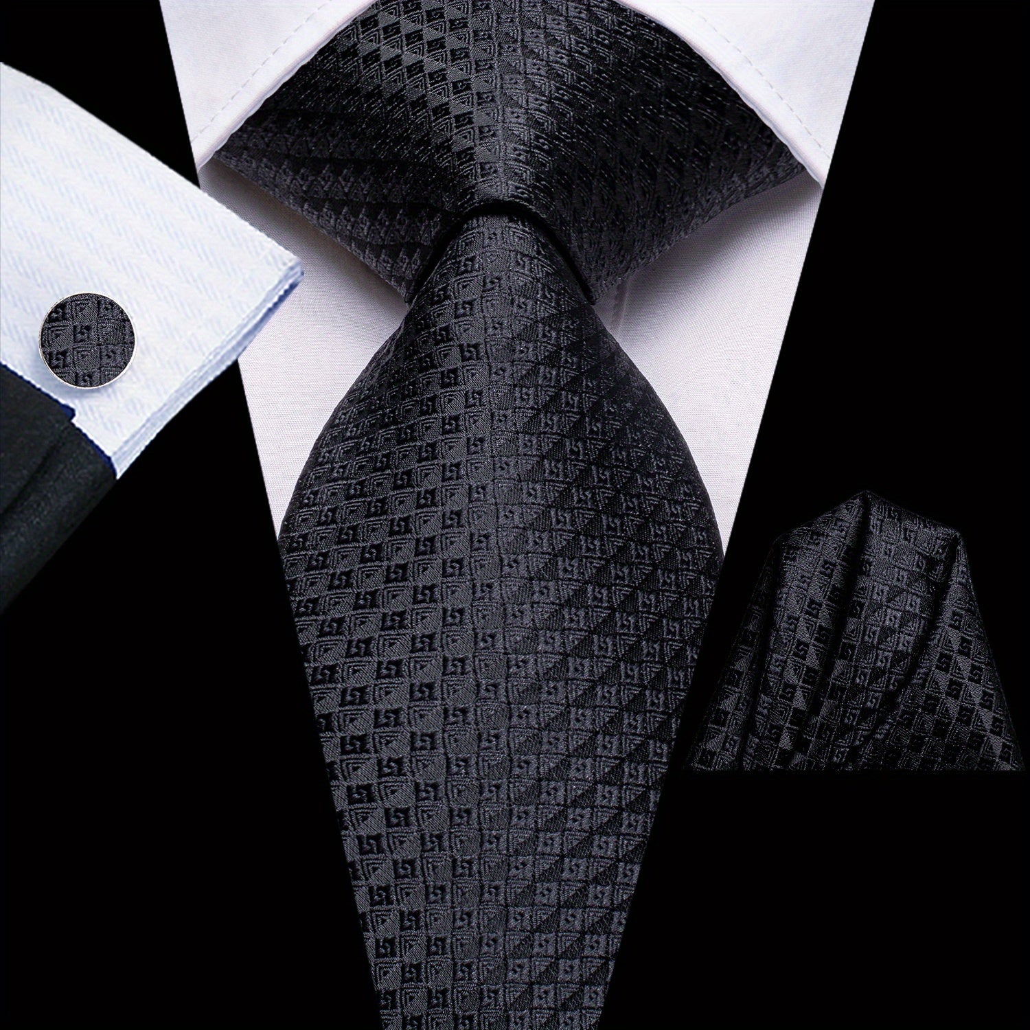 Men's Jacquard Woven Black Tie Set with Cufflinks and Hanky for Weddings and Business